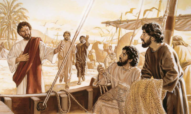 Pedro y Andrés ven cómo Jesús invita a Santiago y Juan a ser sus discípulos
