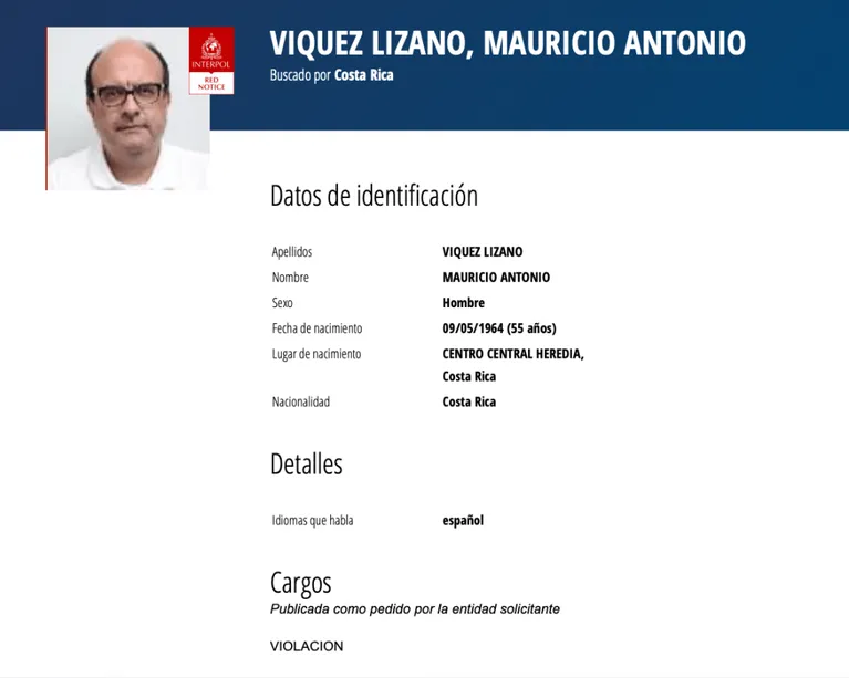 La circular roja de Interpol por la búsqueda de Mauricio Víquez. (Foto: Interpol).