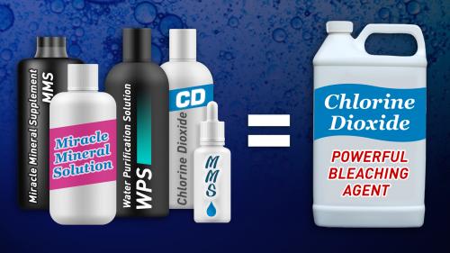 Five plastic bottles labeled with Miracle Mineral Solution and similar product names followed by an equal sign and a bottle labeled Chlorine Dioxide - Powerful Bleaching Agent